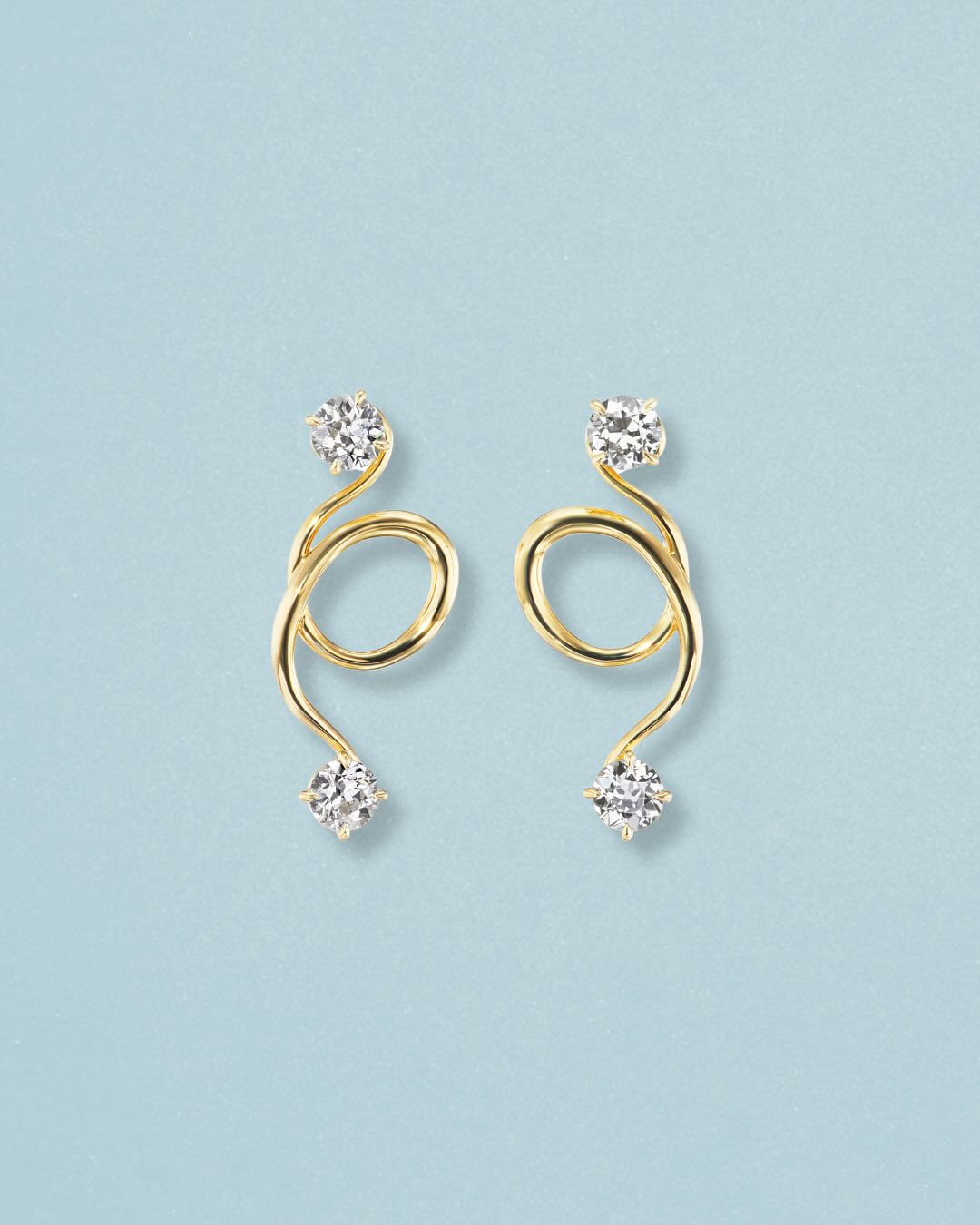 Swirl Drop Stud Earrings with Round-Cut Stones in 18K Gold-Plated