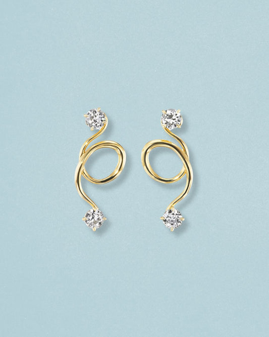 Swirl Drop Stud Earrings with Round-Cut Stones in 18K Gold-Plated
