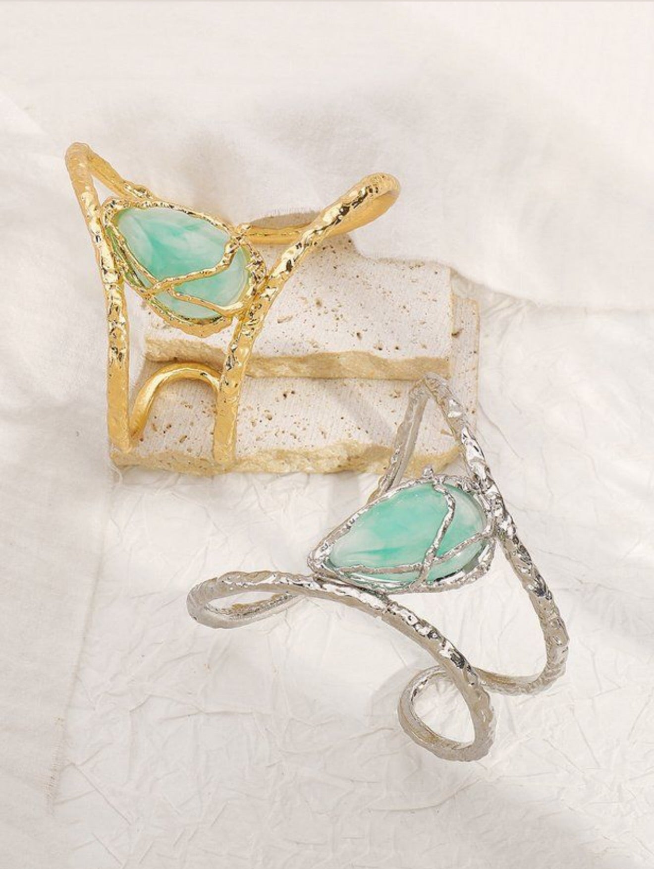 Soraya Green Stone Textured Open Cuff Bracelet