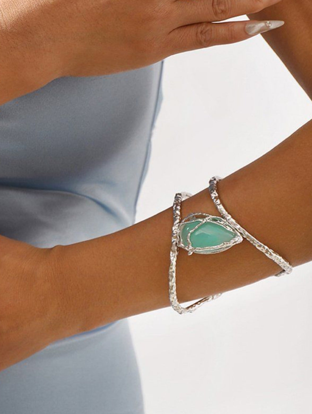 Soraya Green Stone Textured Open Cuff Bracelet
