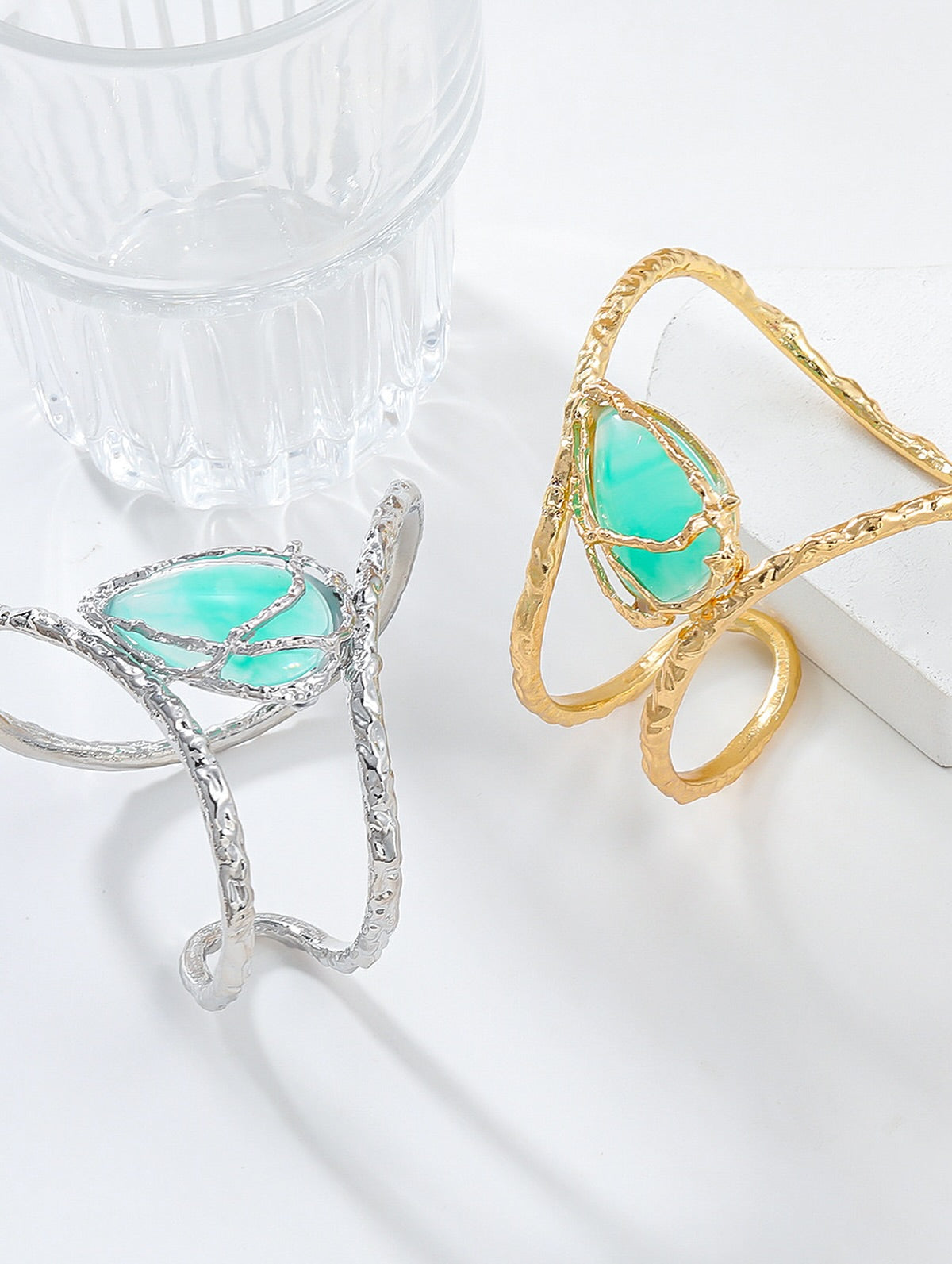 Soraya Green Stone Textured Open Cuff Bracelet
