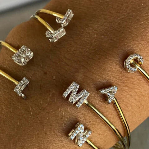 Gold Plated Adjustable Initial Letter Cuff Bracelet for Women