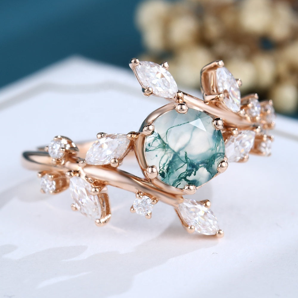 Marbled Green & Diamond Ring 925 Sterling Silver