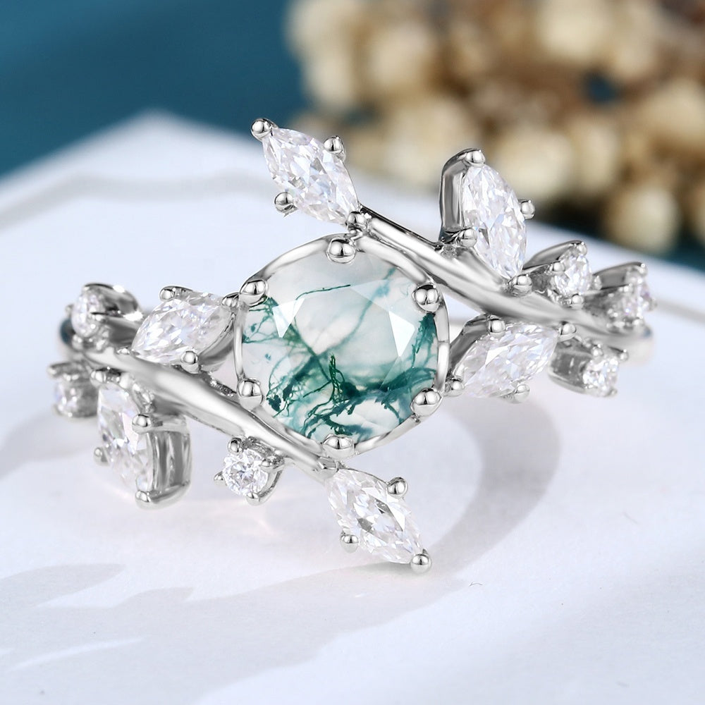 Marbled Green & Diamond Ring 925 Sterling Silver