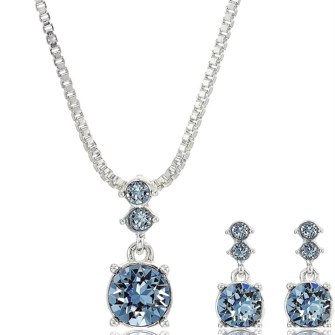 Ocean Blue Solitaire Necklace & Earring Set in Silver-Plated Stainless Steel