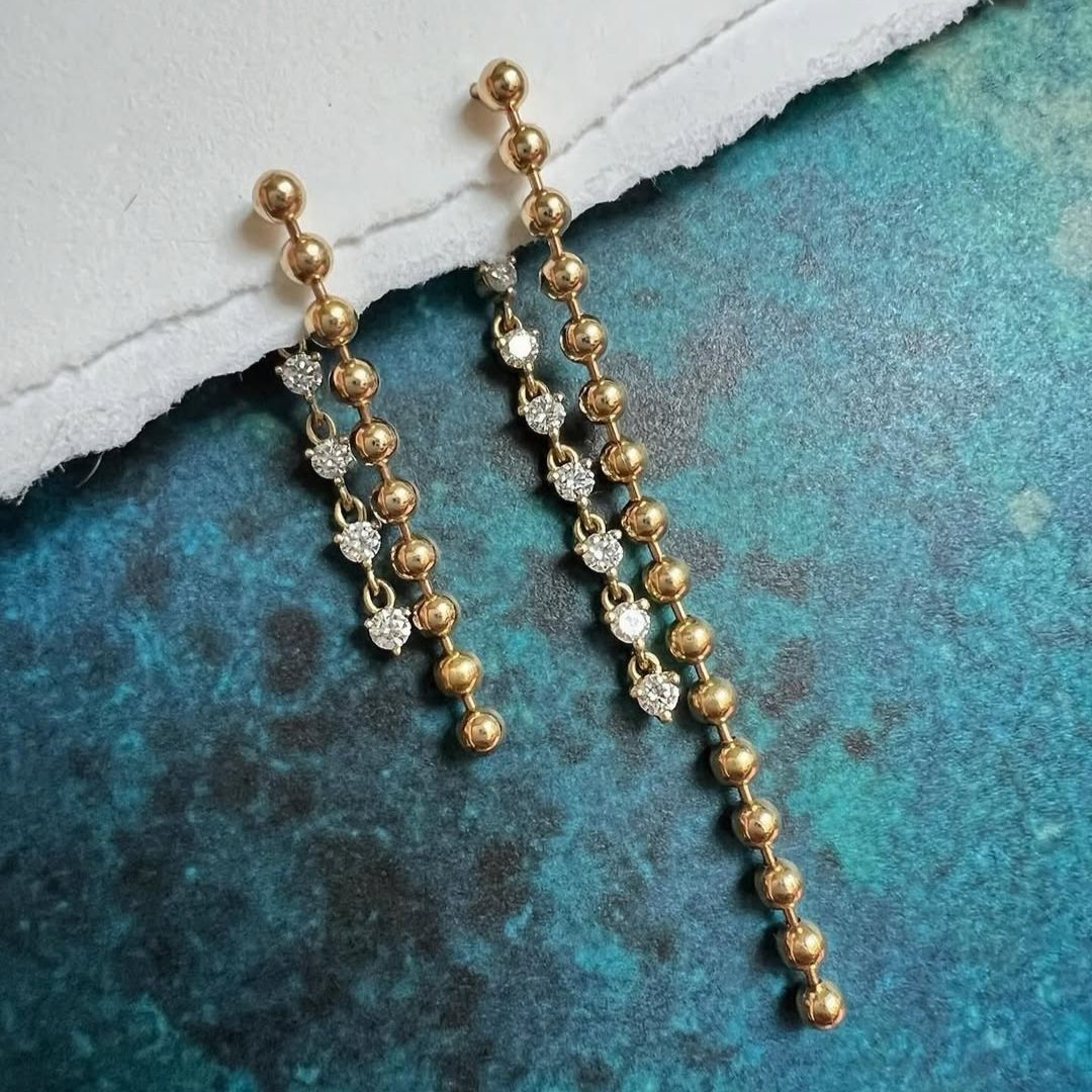 Tia Gold bead and diamond drop earrings