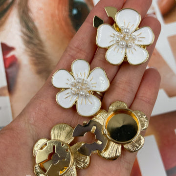 White Enamel Floral Pearl Button Covers for Women (Pair of Button)