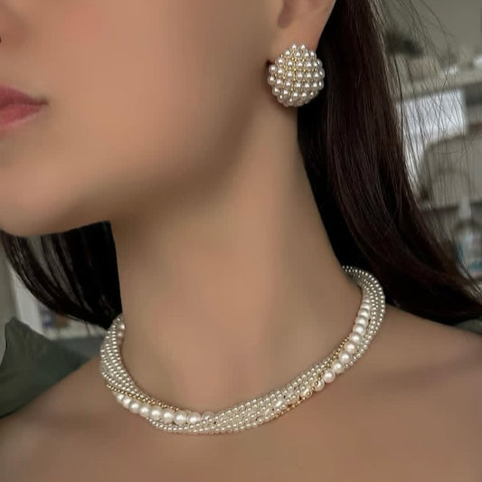 Multi-Layered Pearl Statement Necklace Set for Women