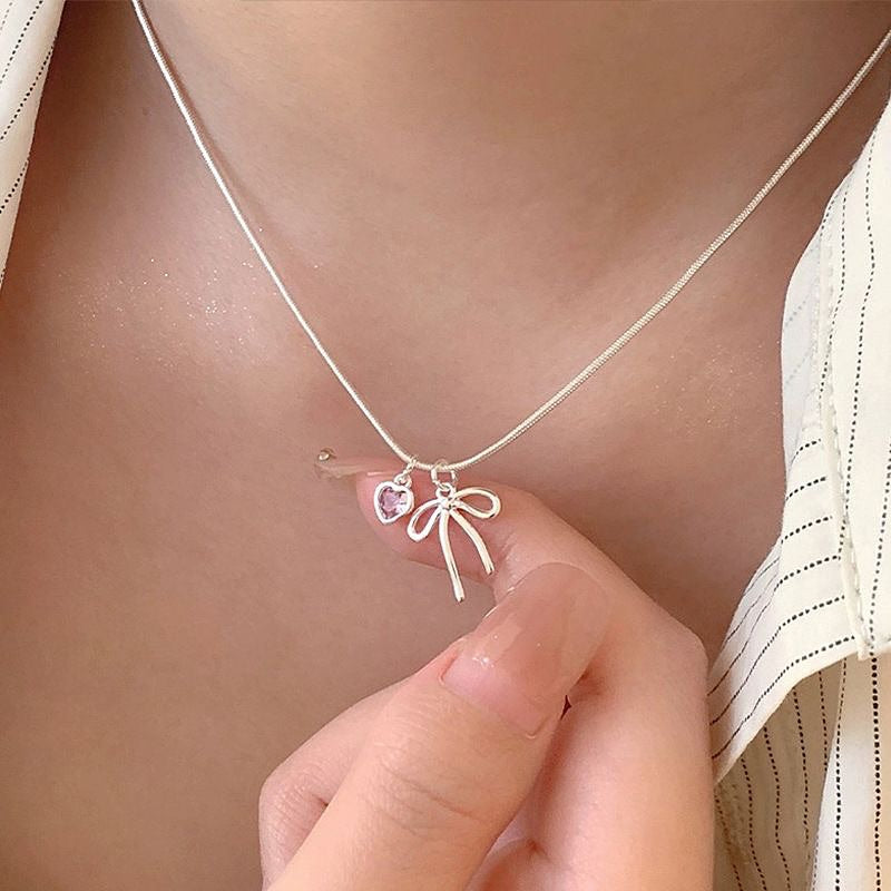 Charming Heart & Bow Silver Necklace for Women