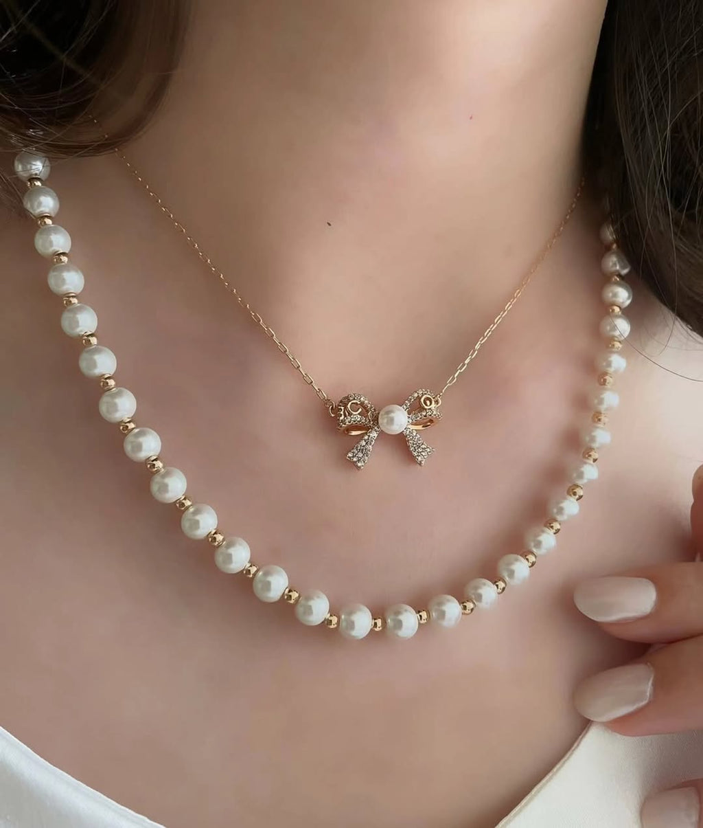 Pearl Bow Charm Adjustabel Necklace (Set of 2)