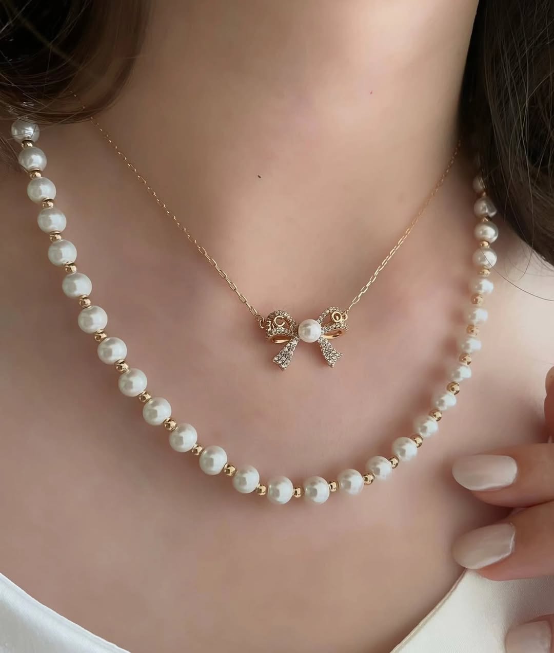 Pearl Bow Charm Adjustabel Necklace (Set of 2)