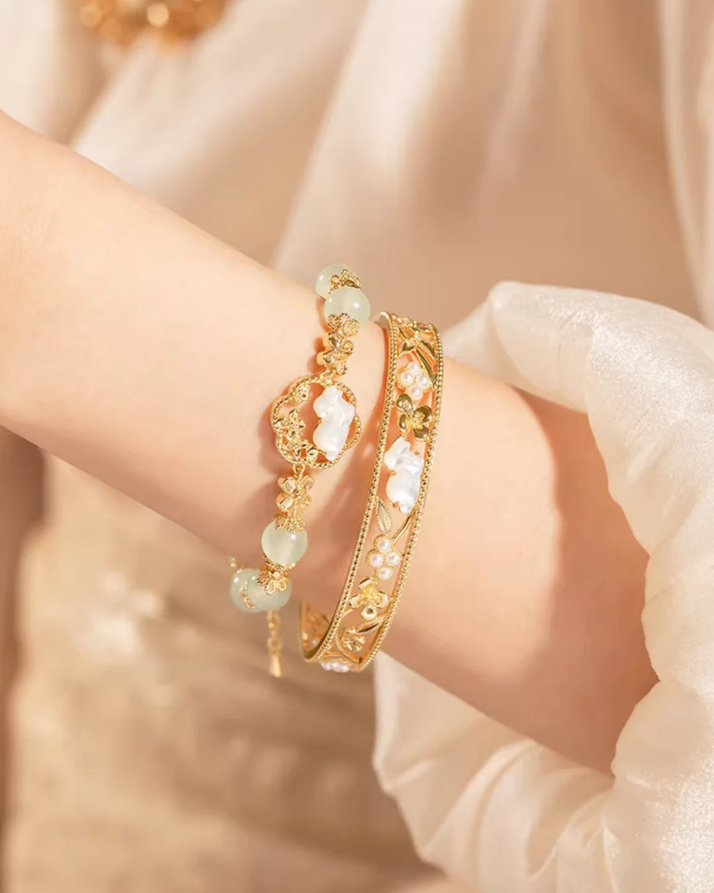 Olivia Two-Piece Pearl & Gold Toned Adjustable Bracelet Set