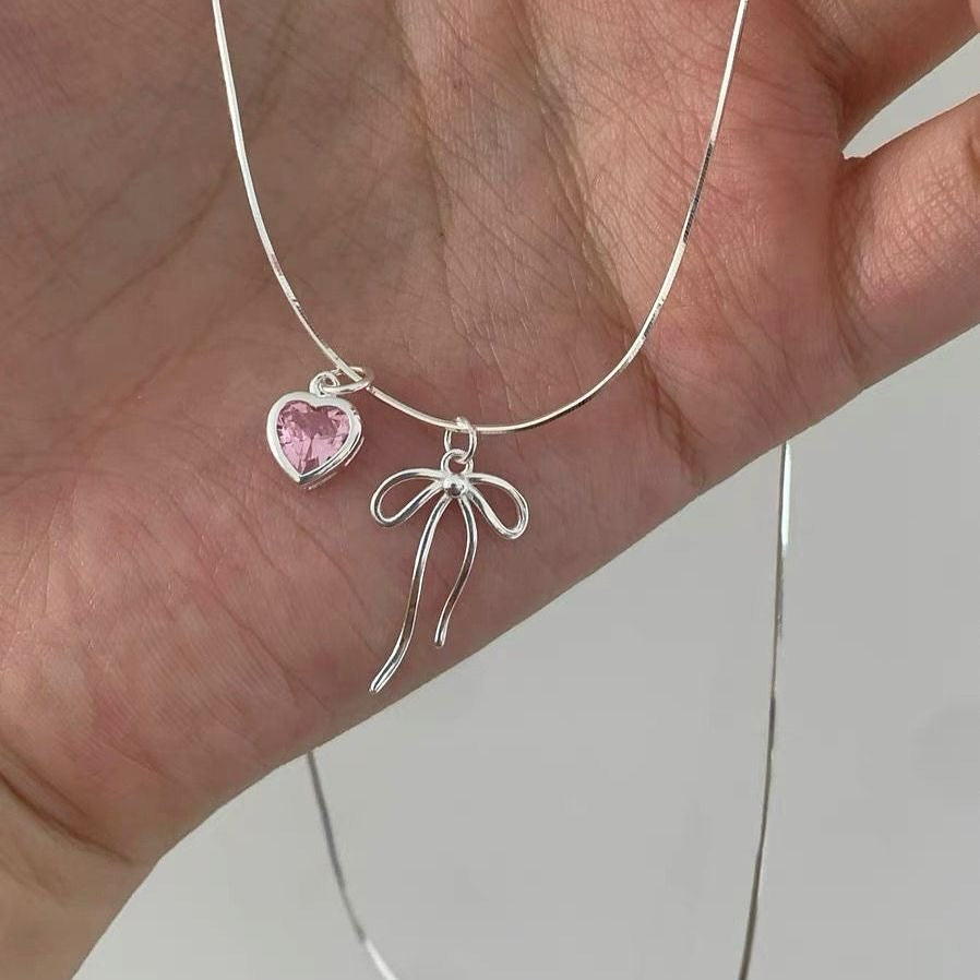 Charming Heart & Bow Silver Necklace for Women
