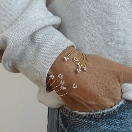 Gold Plated Adjustable Initial Letter Cuff Bracelet for Women