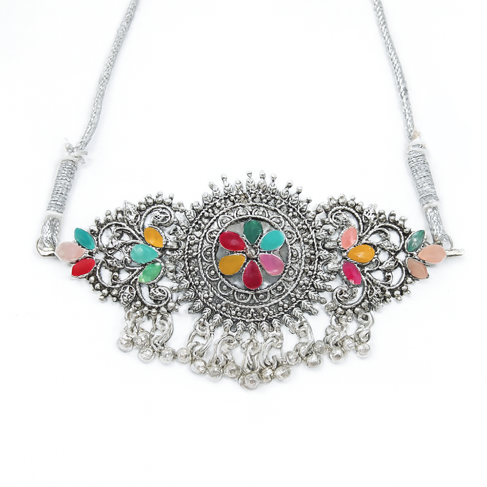 Anira Flora Oxidized Silver Choker Necklace Set