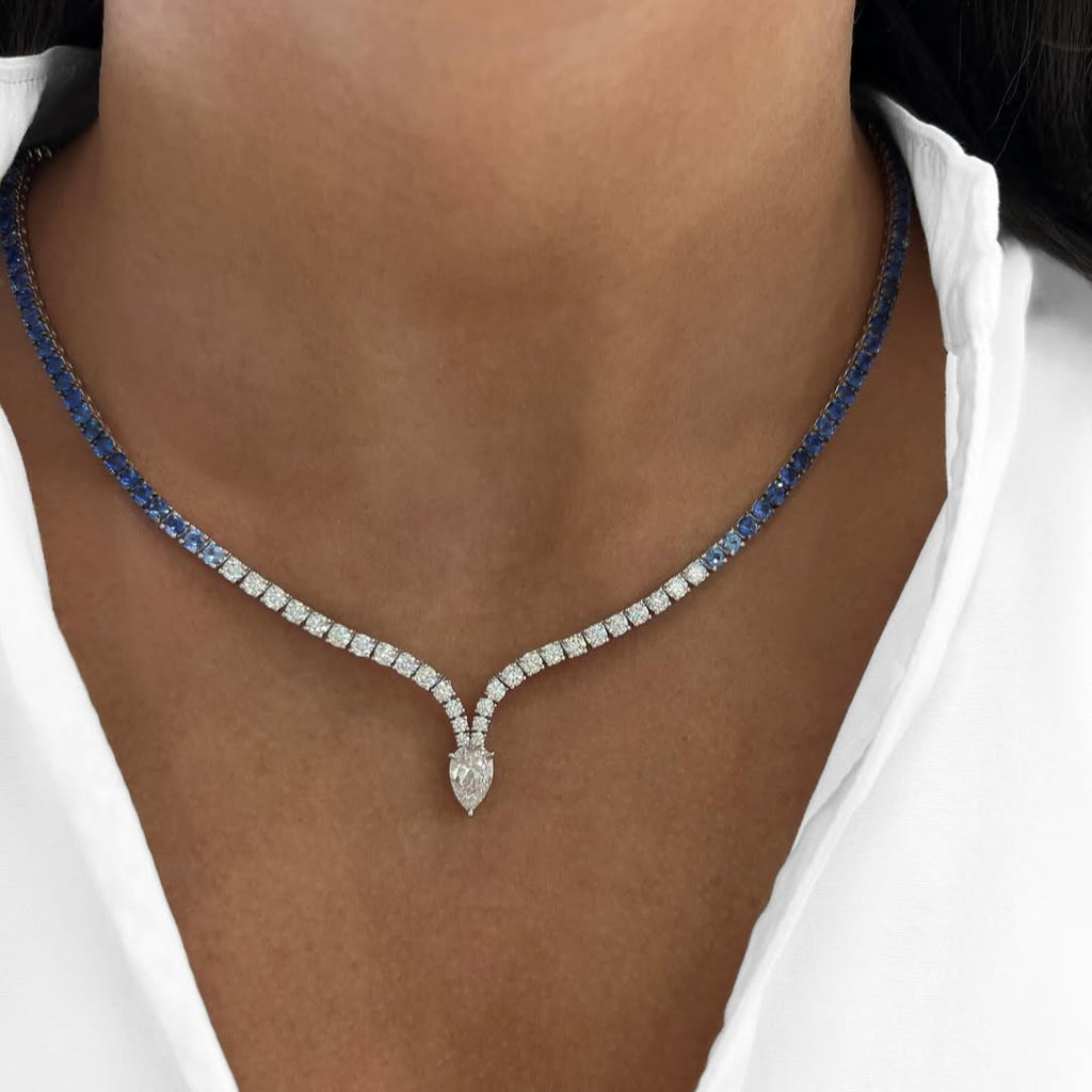 Blue Sapphire and Cubic Zirconia Tennis Necklace for Women