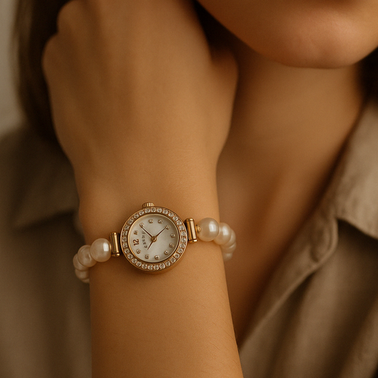 Elegant Pearl Watch with Crystal Bezel for Women