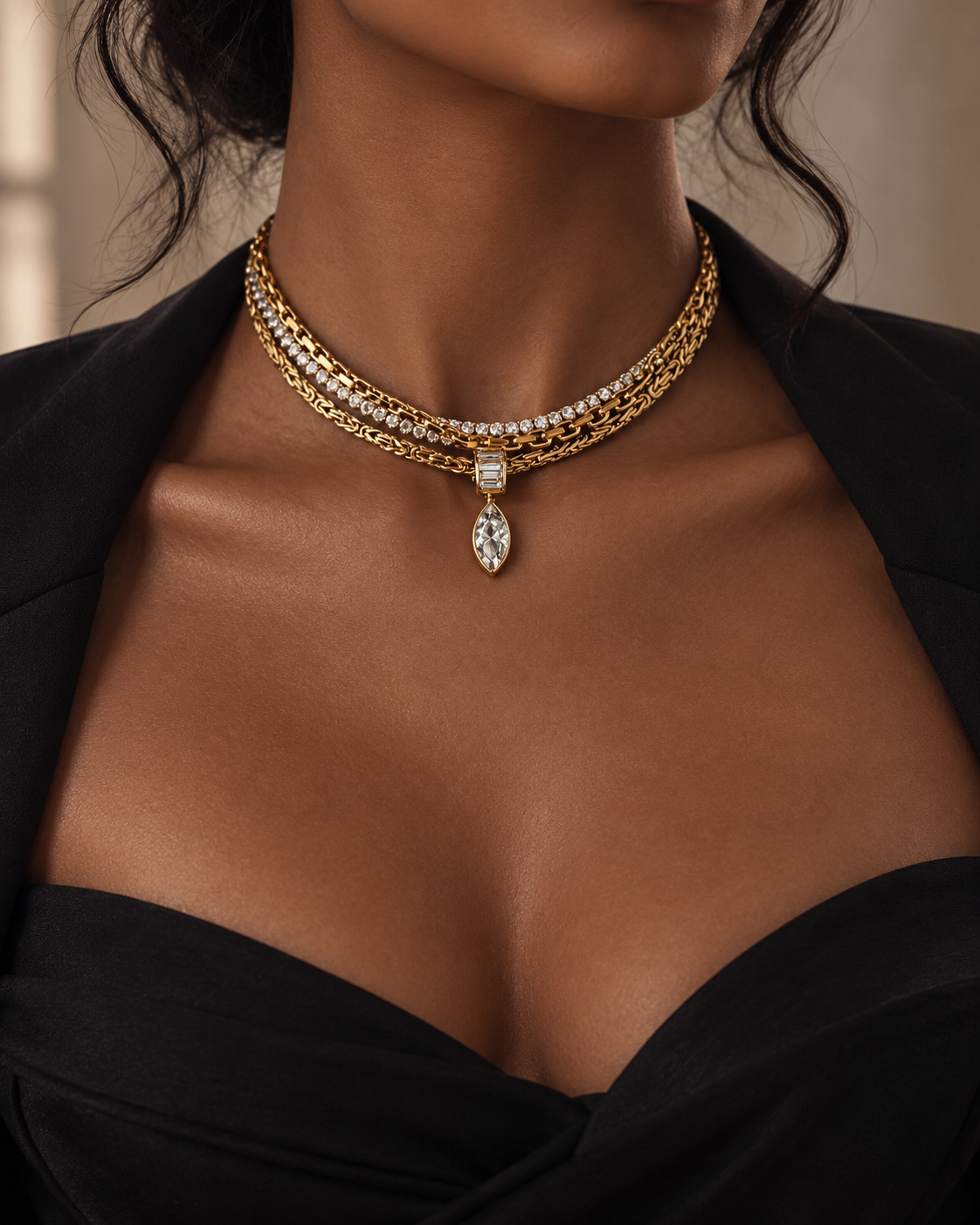 Zavielle Crystal Layered Statement Choker Necklace