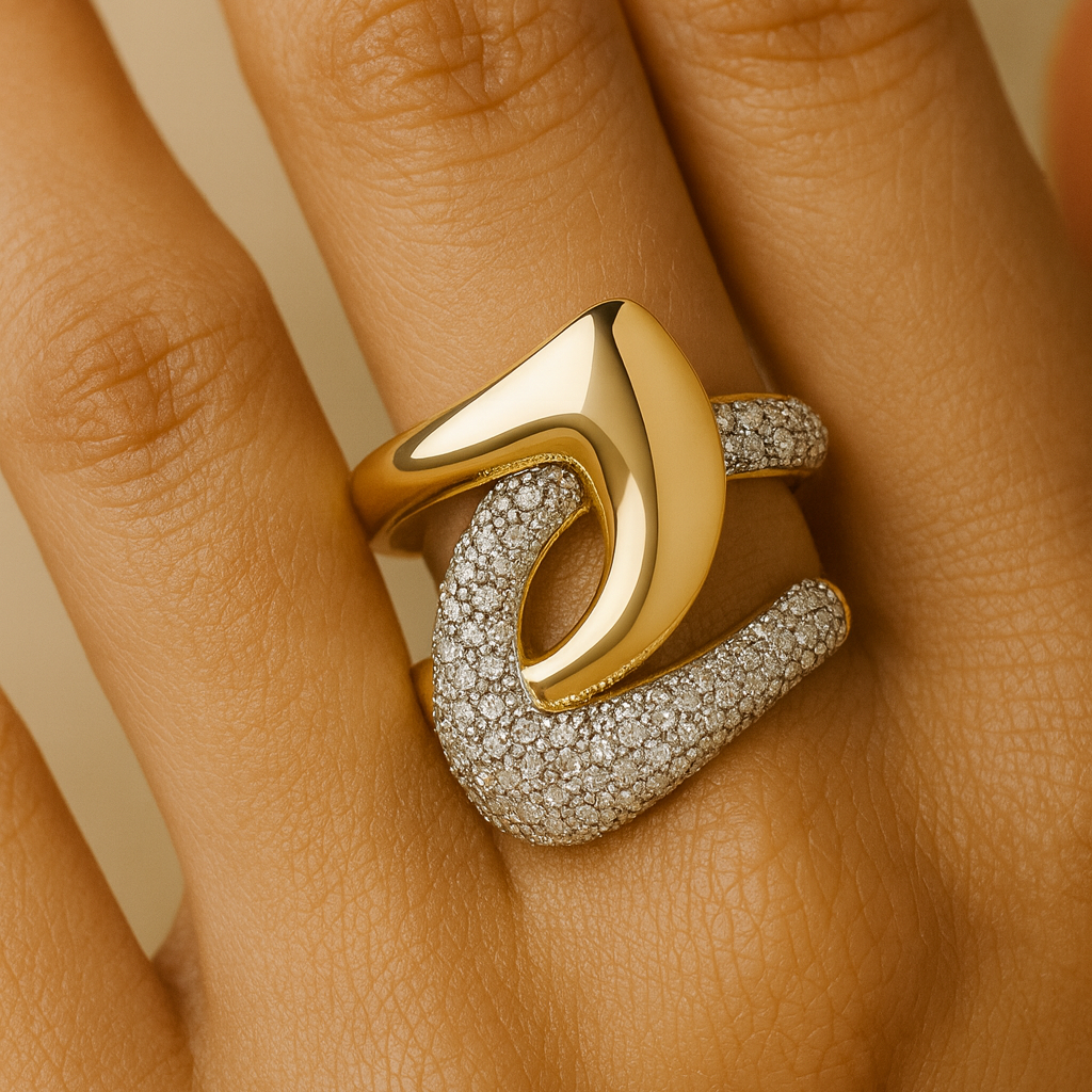 Sculptural Zircon Pave Gold Statement Ring
