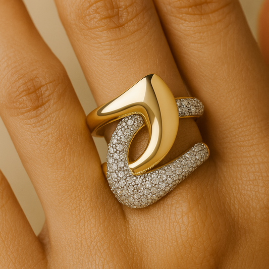 Sculptural Zircon Pave Gold Statement Ring