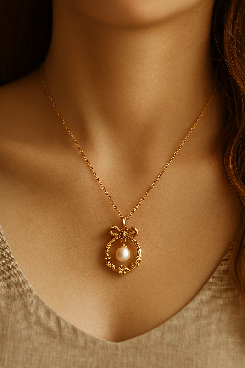 Gold-Plated Pearl Bow Necklace