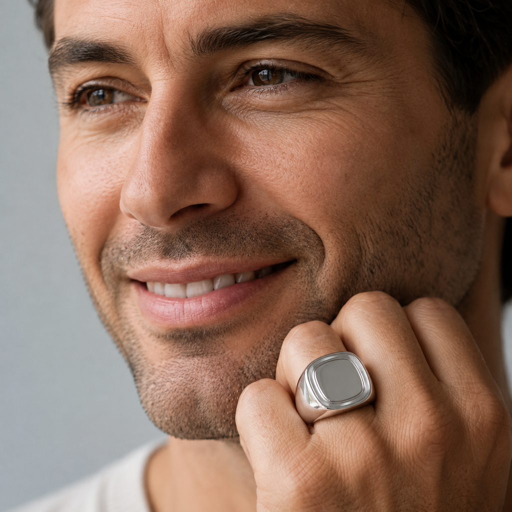 Micro-Engraved Border Silver Signet Ring