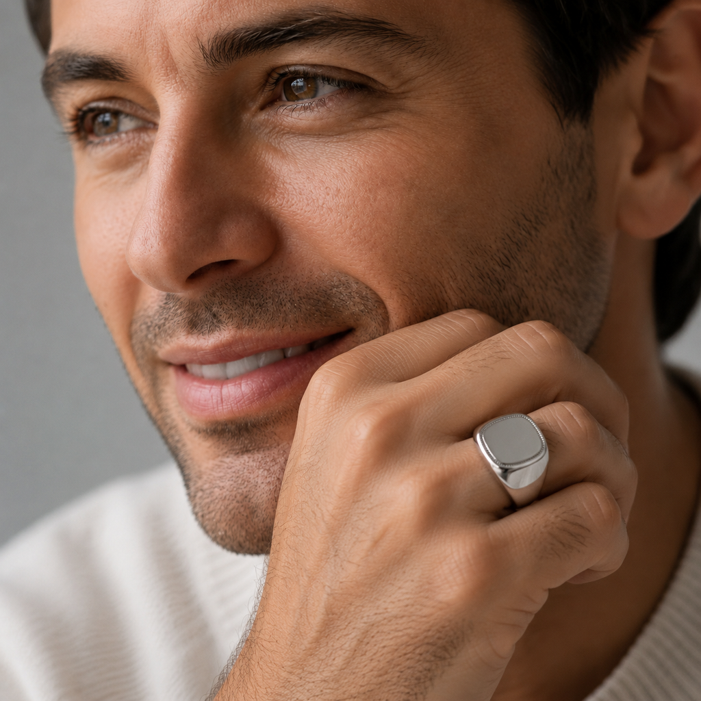 Micro-Engraved Border Silver Signet Ring