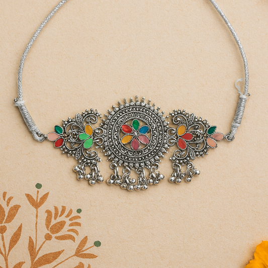 Anira Flora Oxidized Silver Choker Necklace Set