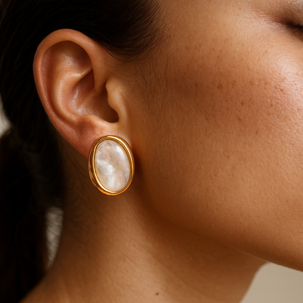 Hallo Gold Oval Mother of Pearl Earrings