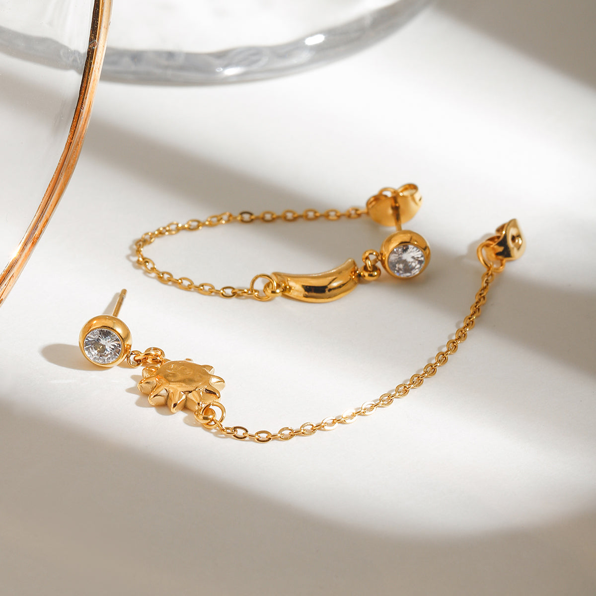 Celestial Chain Drop Earrings – Sun & Moon Gold Dangler