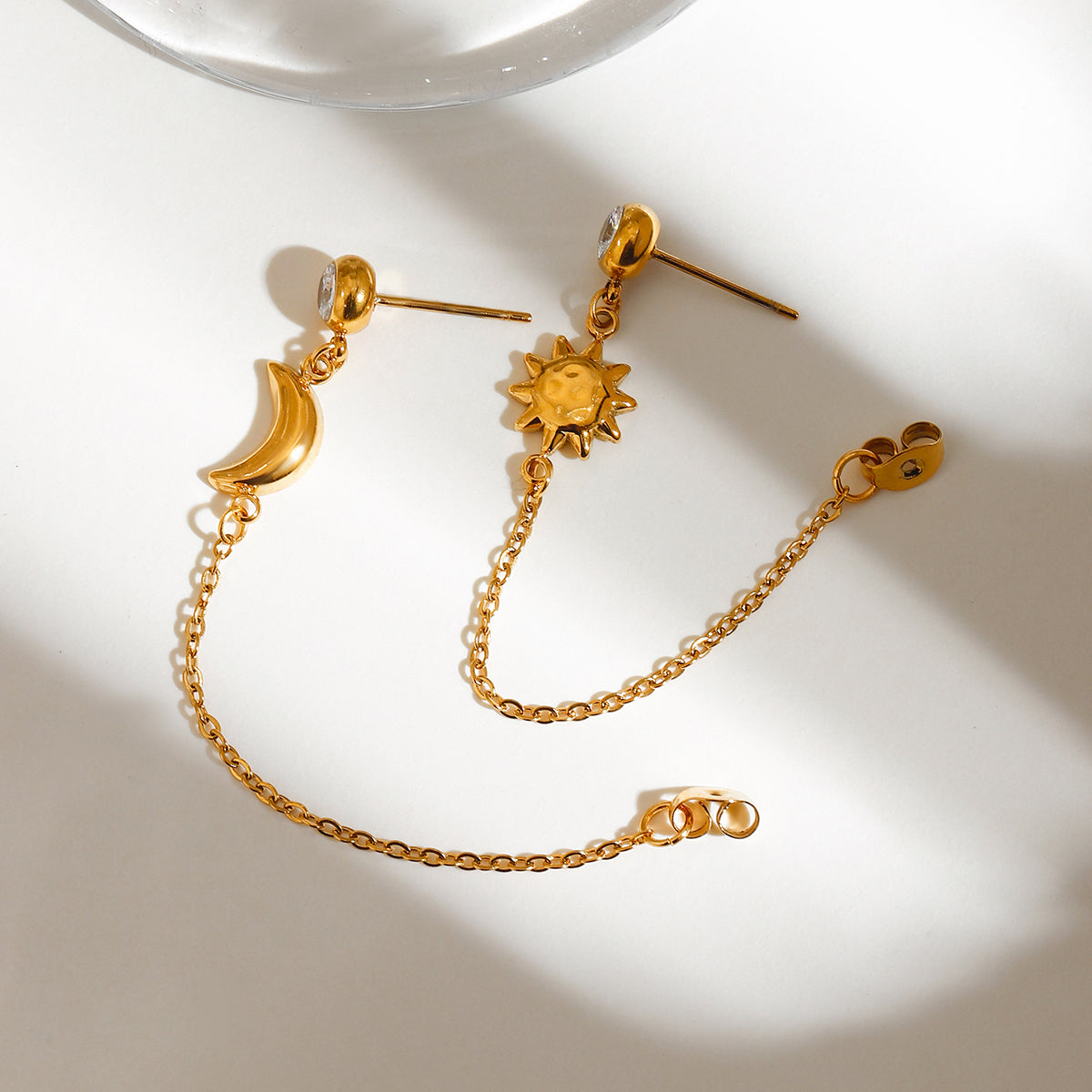 Celestial Chain Drop Earrings – Sun & Moon Gold Dangler