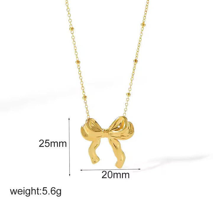Beaded Bow Pendant Necklace in Gold