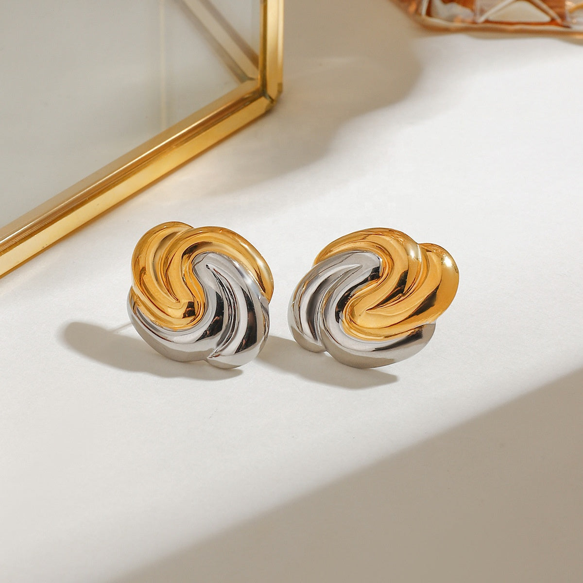 Swirl Knot Dome Studs – Dual Tone Bold Earrings