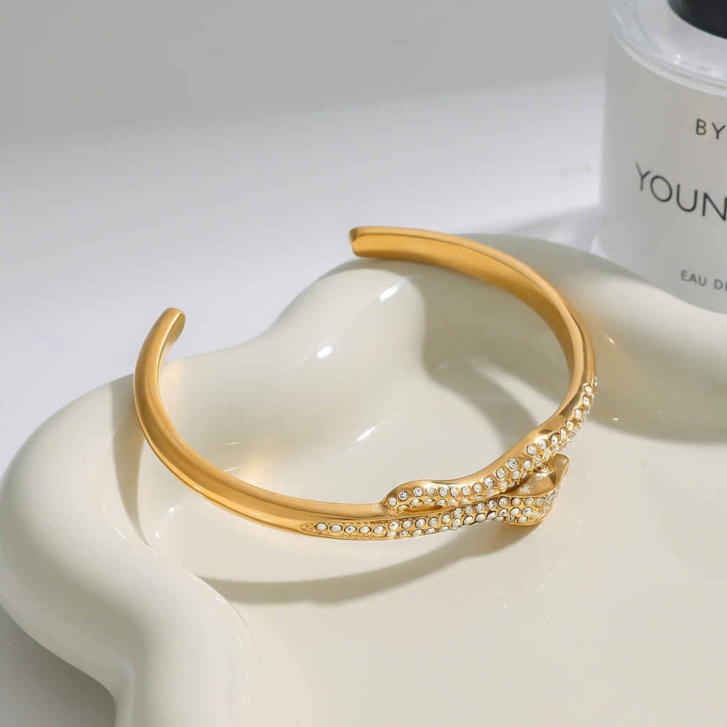 Crystal Snake Cuff Bracelet in Gold-Plated Stainless Steel