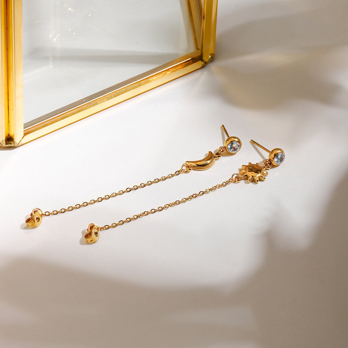 Celestial Chain Drop Earrings – Sun & Moon Gold Dangler