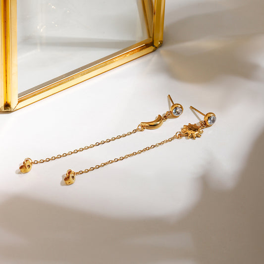 Celestial Chain Drop Earrings – Sun & Moon Gold Dangler