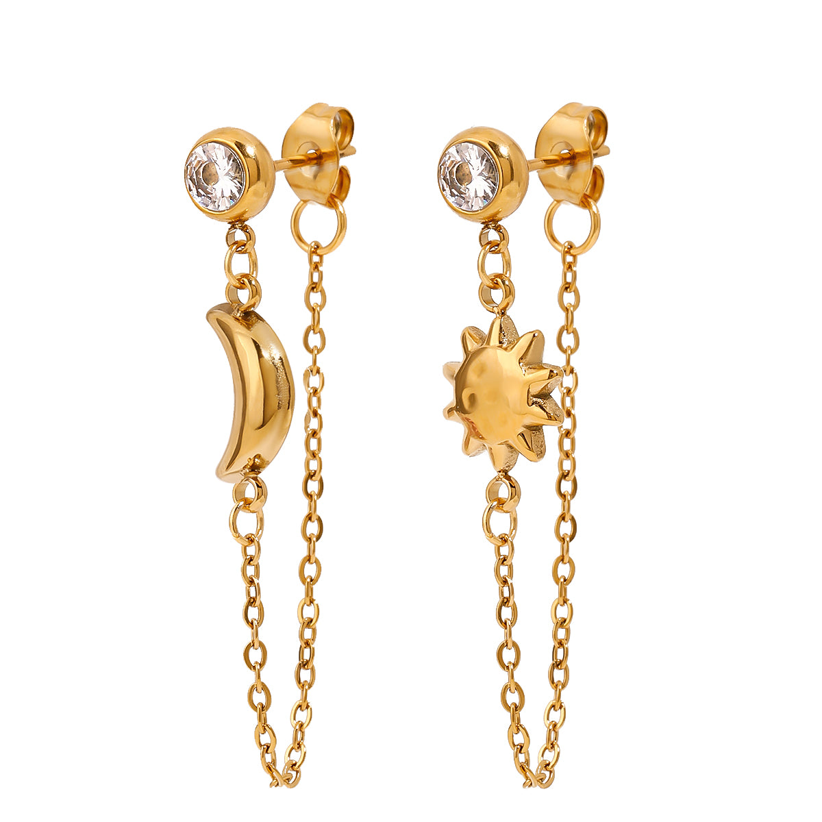 Celestial Chain Drop Earrings – Sun & Moon Gold Dangler
