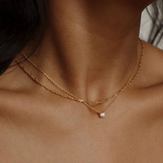 Double Layer Minimal Chain with Solitaire Charm – Gold Plated Stainless Steel
