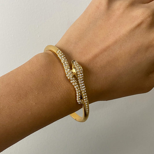 Golden Serpent Bangle – Crystal Snake Open Cuff