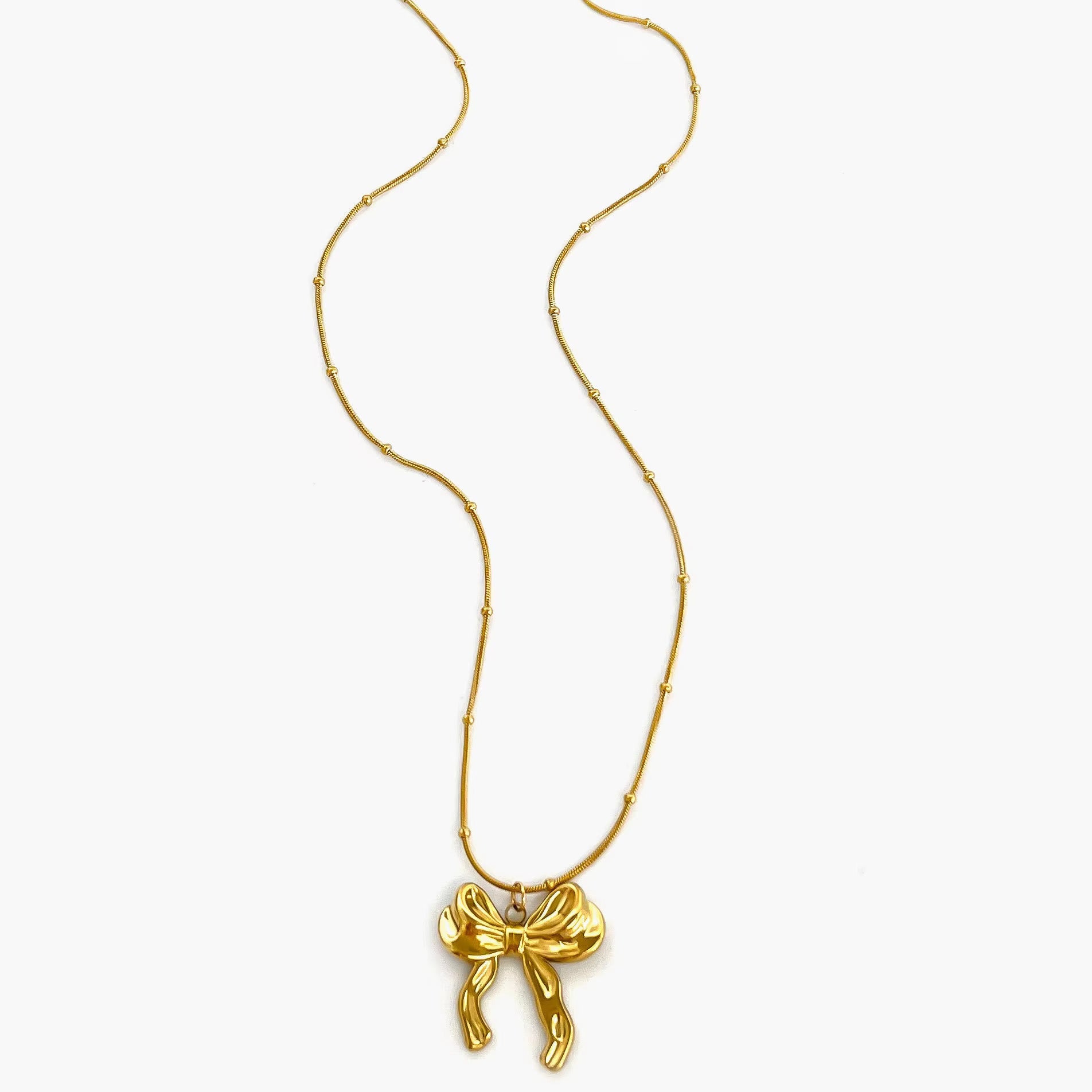 Beaded Bow Pendant Necklace in Gold