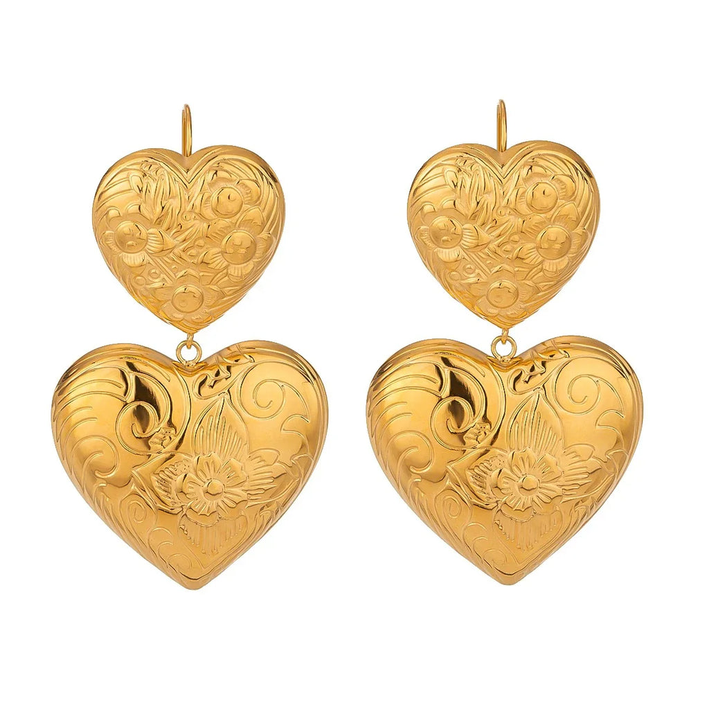 Duo Heart Drop Earrings in Gold-Plated Stainless Steel