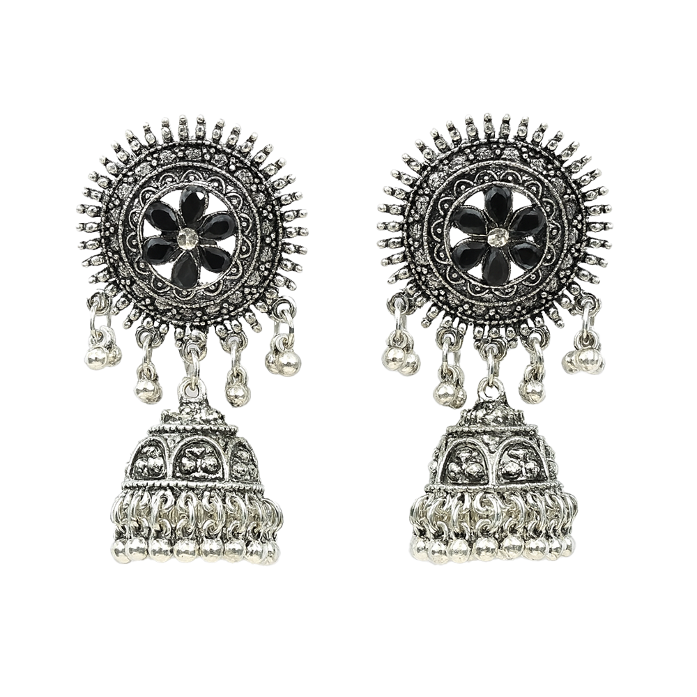 Noor Oxidized Silver Floral Jhumka Earrings - Amalfa