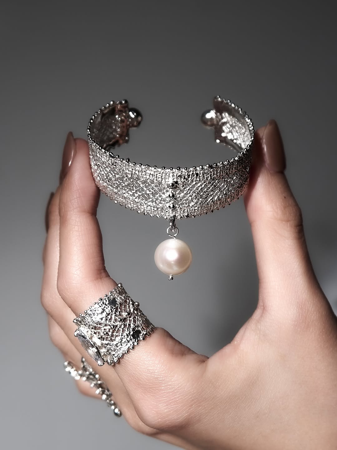 Seraphina Pearl Silver Open Cuff (Adjustable)