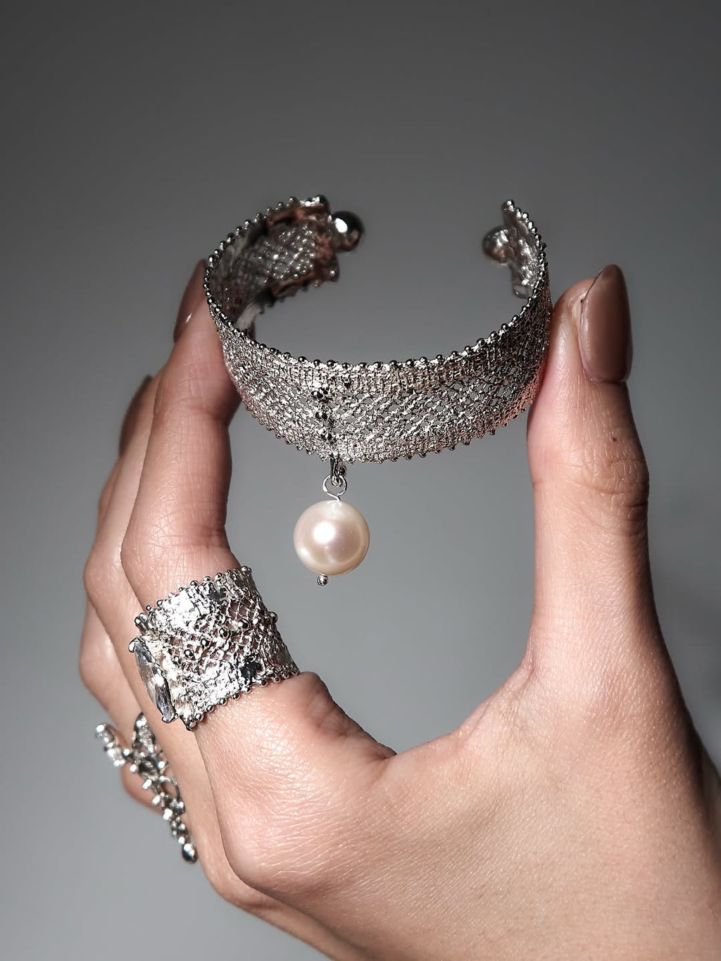 Seraphina Pearl Silver Open Cuff (Adjustable)