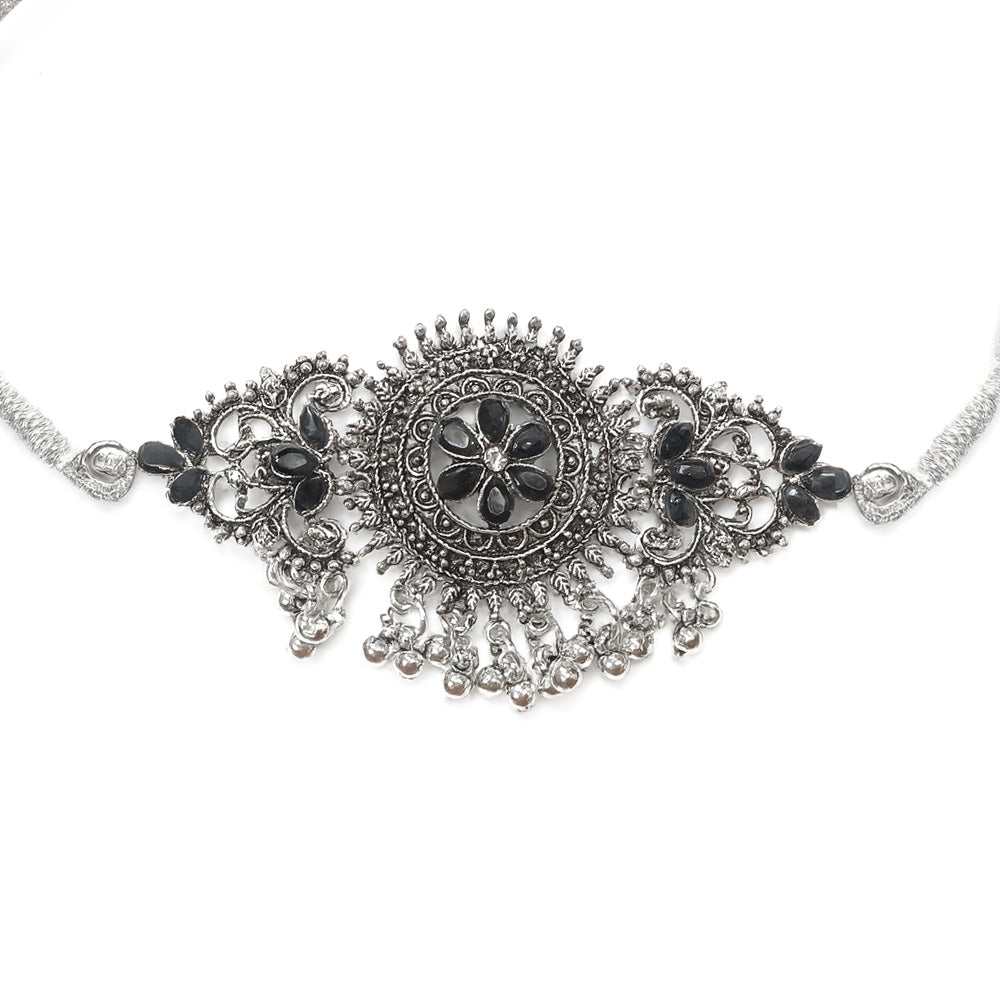 Elvina Oxidized Silver Floral Choker Necklace Set