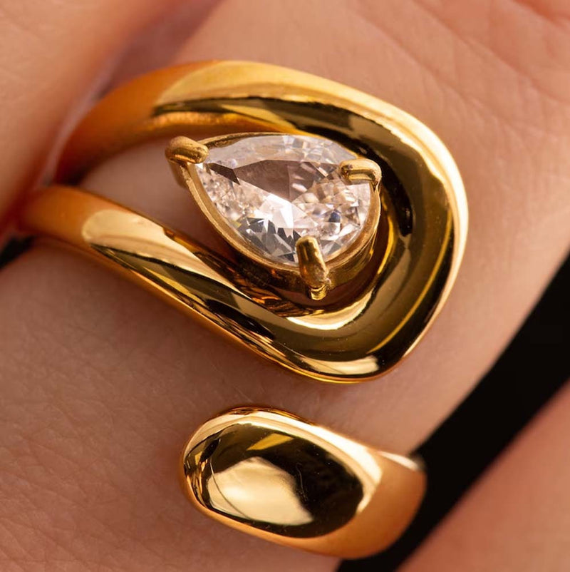 Pear-Cut Swirl Open Ring in 18K Gold Plating