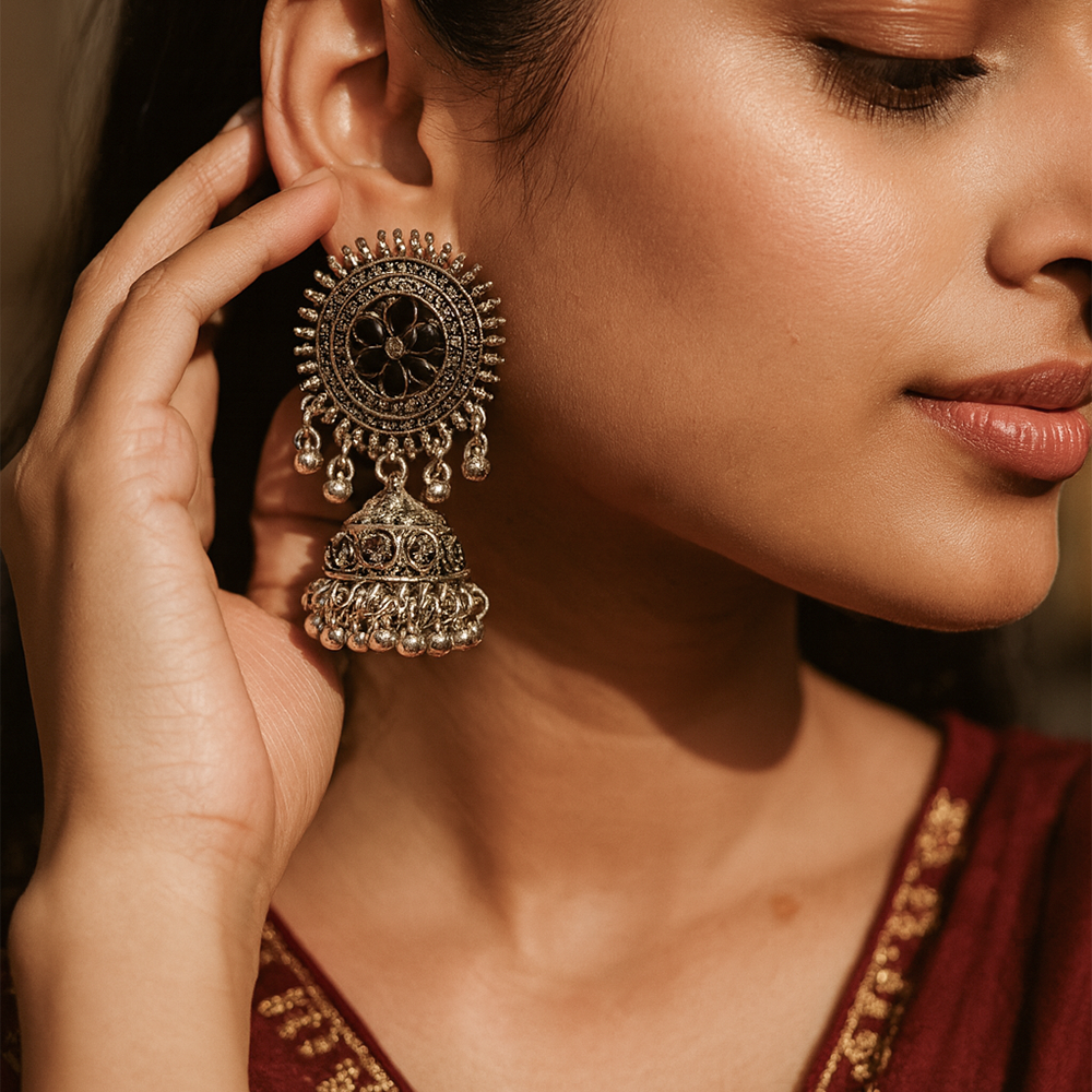 Oxidized Silver Floral Jhumka Earrings - Amalfa