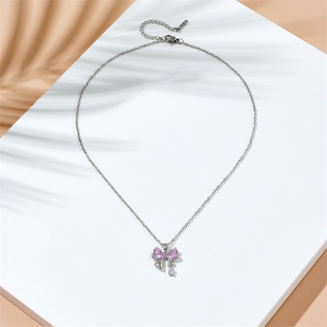 Ribbon Crystal Pink Necklace for Women