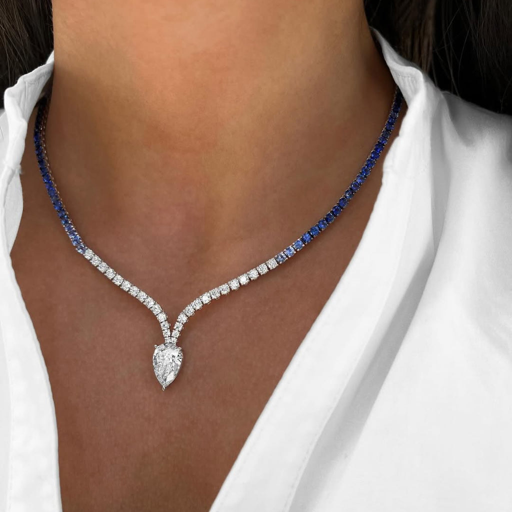 Blue Sapphire and Cubic Zirconia Tennis Necklace for Women