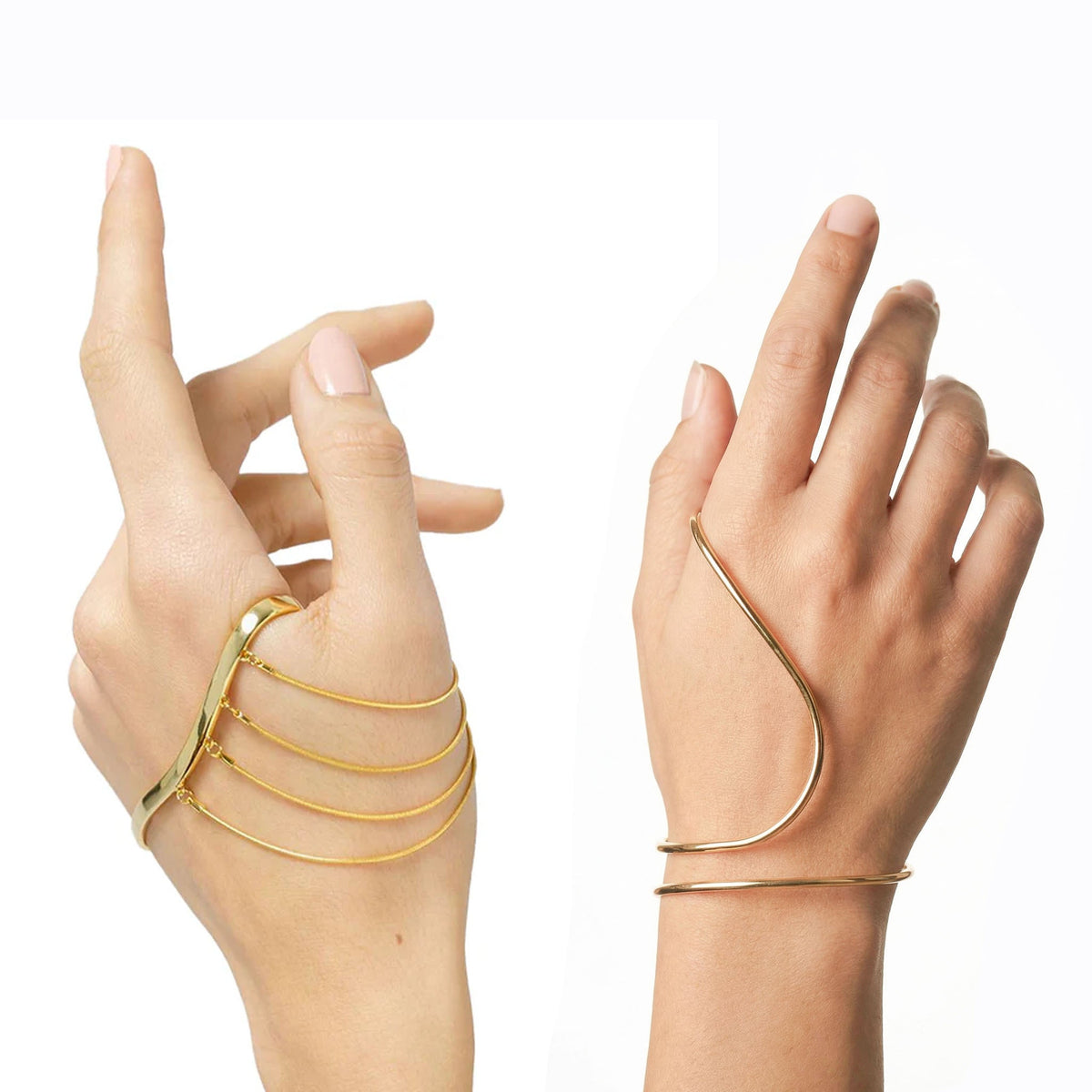 Two hands wearing gold unique chain braclelet like bracelets on a white background